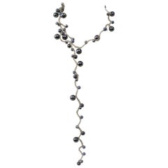 Long Silver Grey Faux Pearl Stainless Steel Sautoir Estate Statement Necklace