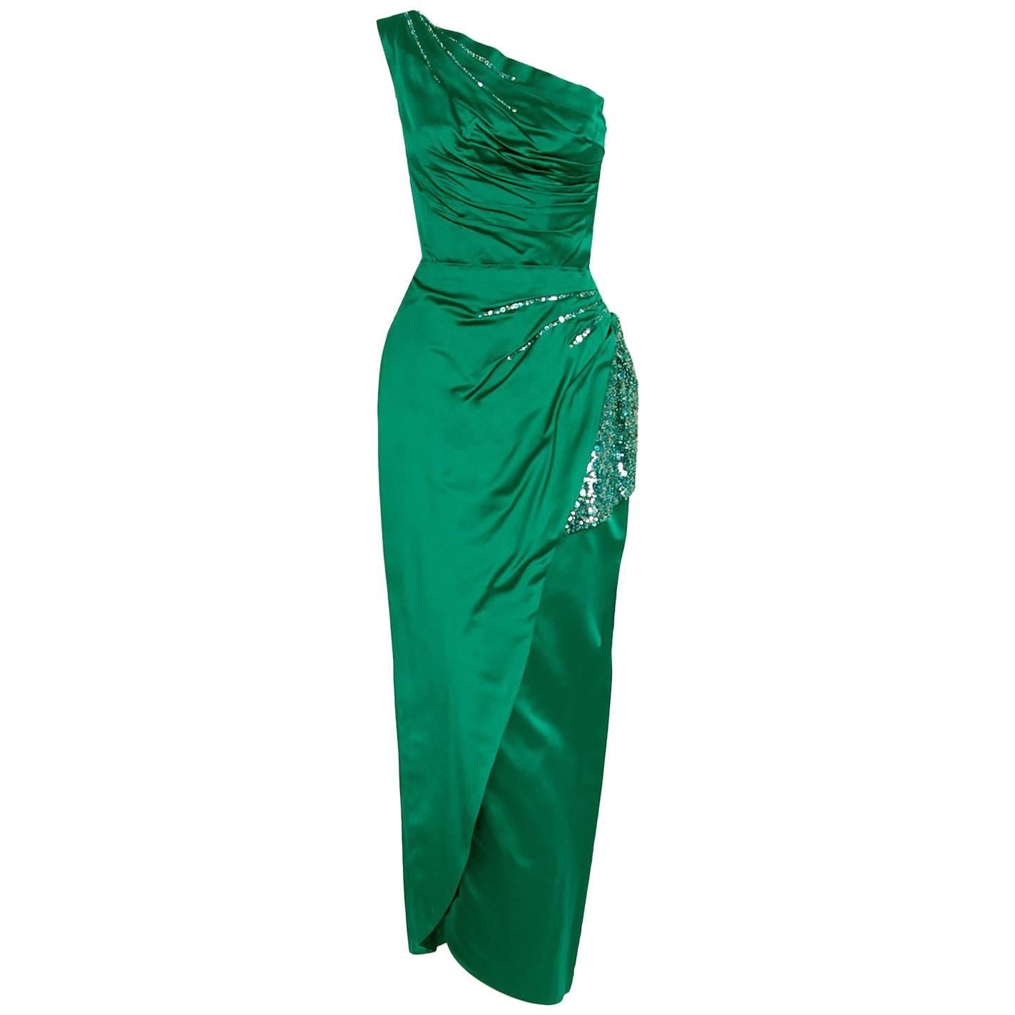 1950's Ceil Chapman Beaded Sequin Green Ruched Satin One-Shoulder Evening Gown