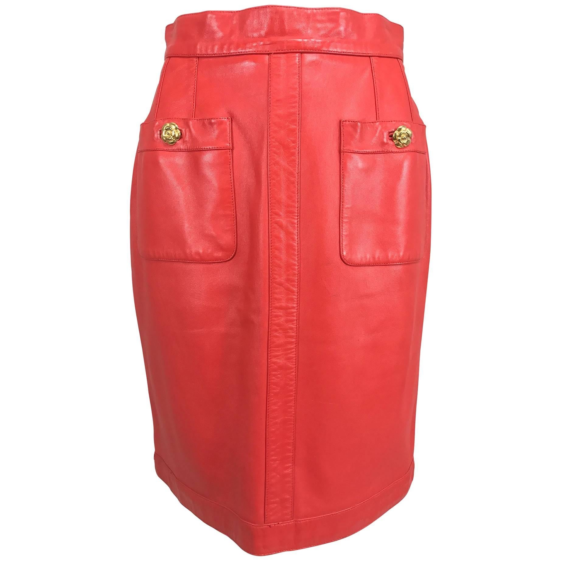 Chanel Vintage 1990s coral red leather skirt with pockets