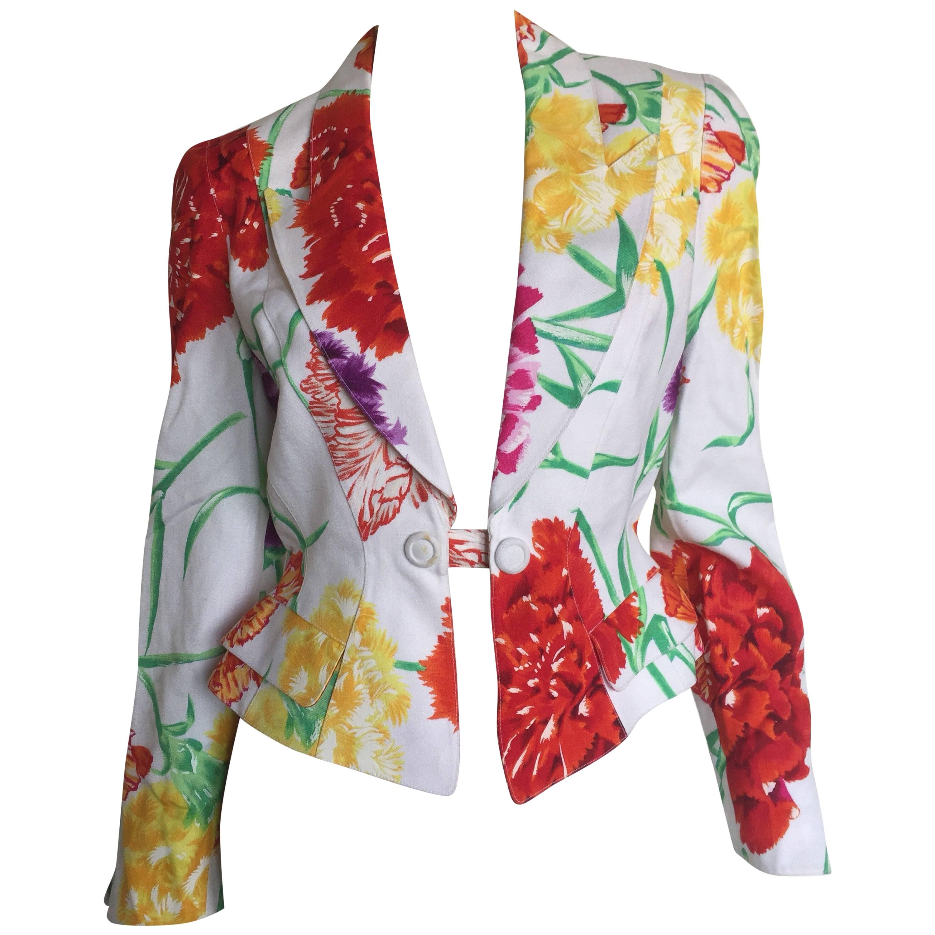 Thierry Mugler 80s White Floral Linen Blazer For Sale