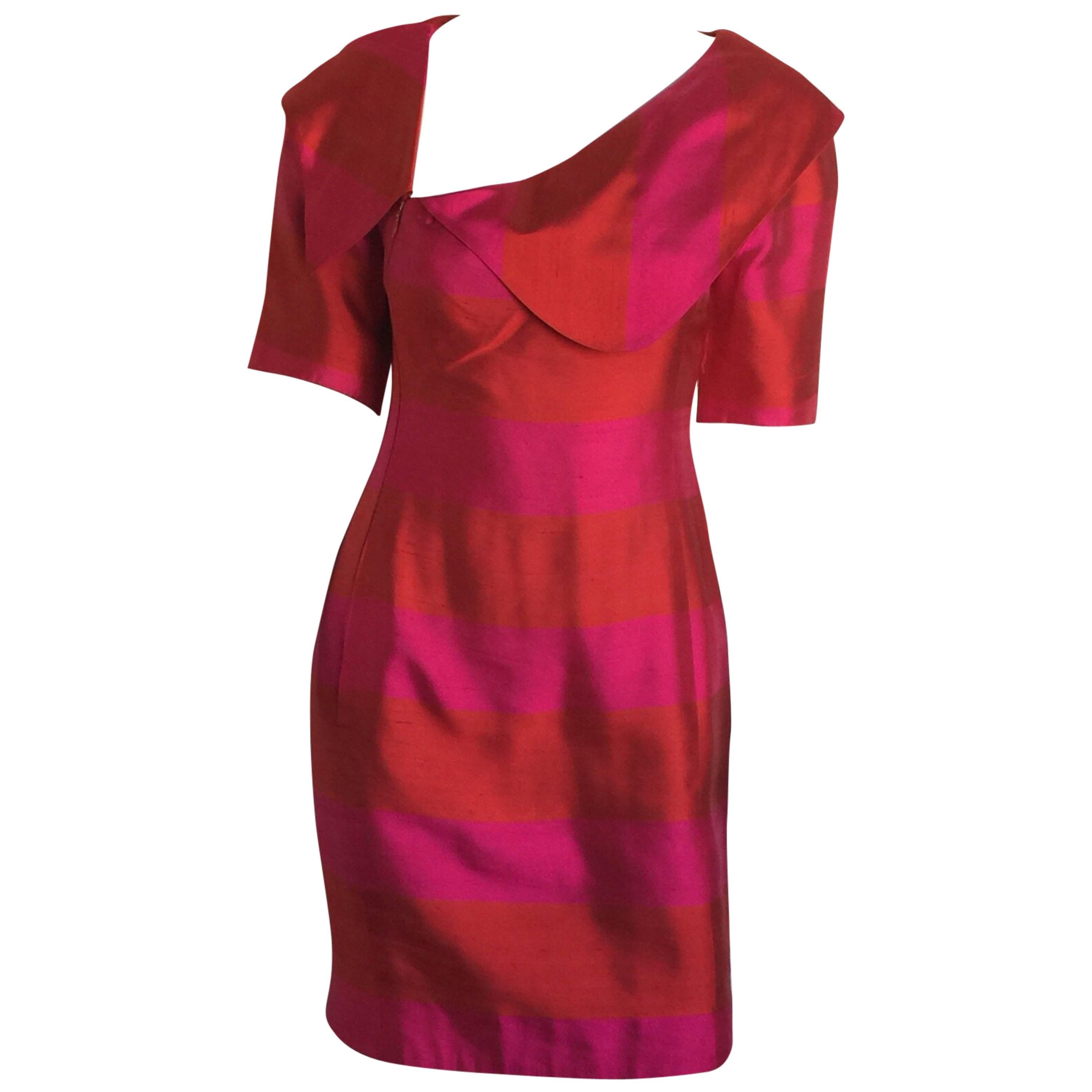 Lanvin Red & Pink Silk Striped Dress For Sale