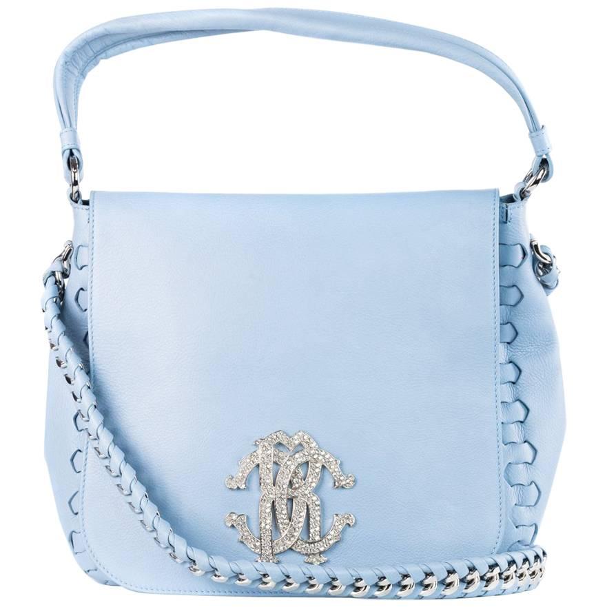  Roberto Cavalli Women Baby Blue Leather Messenger Flap Shoulder Bag Rtl $3500 For Sale