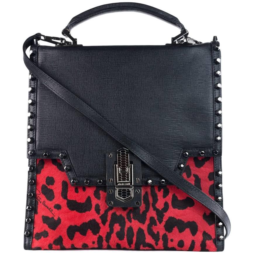 Roberto Cavalli Women's Red Leather Cheetah Print Shoulder Bag For Sale