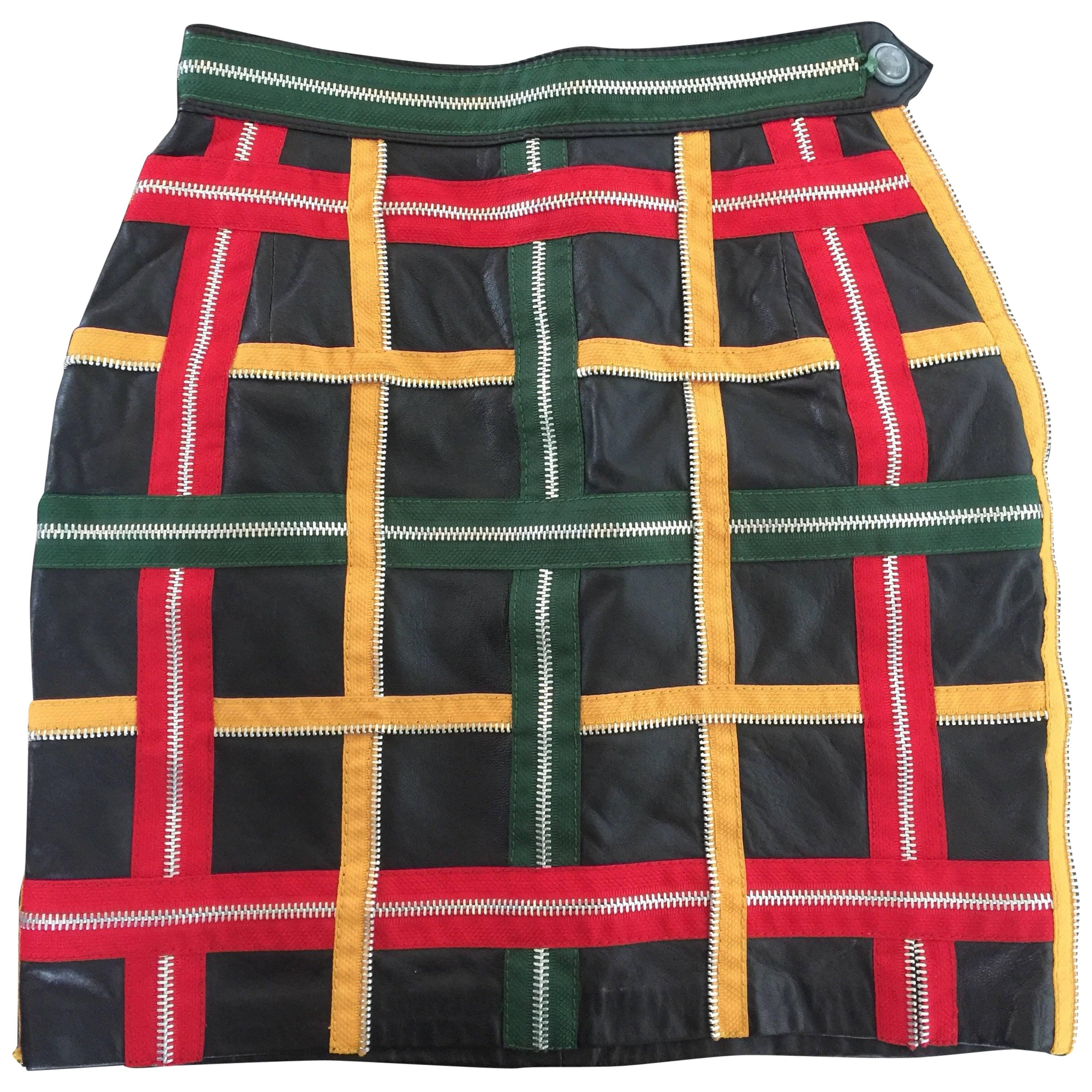 Moschino Zipper Plaid Leather Mini Skirt For Sale