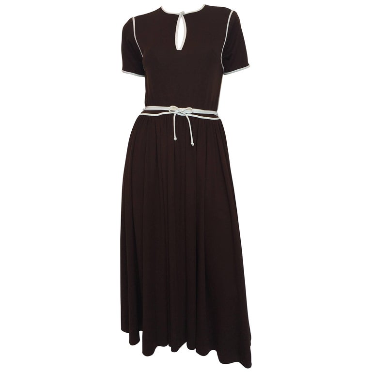 1970s Donald Brooks Brown Poly Dress With White Piping For 