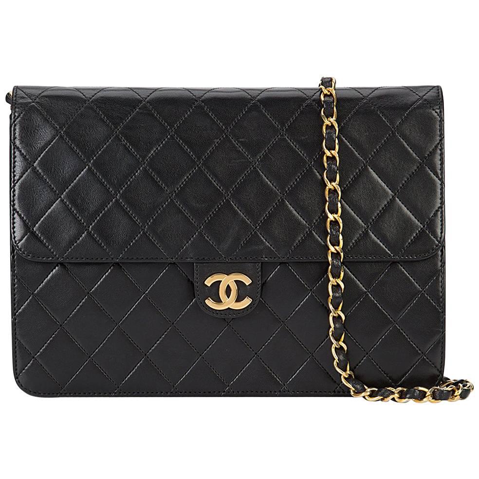 Chanel Vintage Black Lambskin Gold 2 in 1 Evening Clutch Flap Shoulder Bag