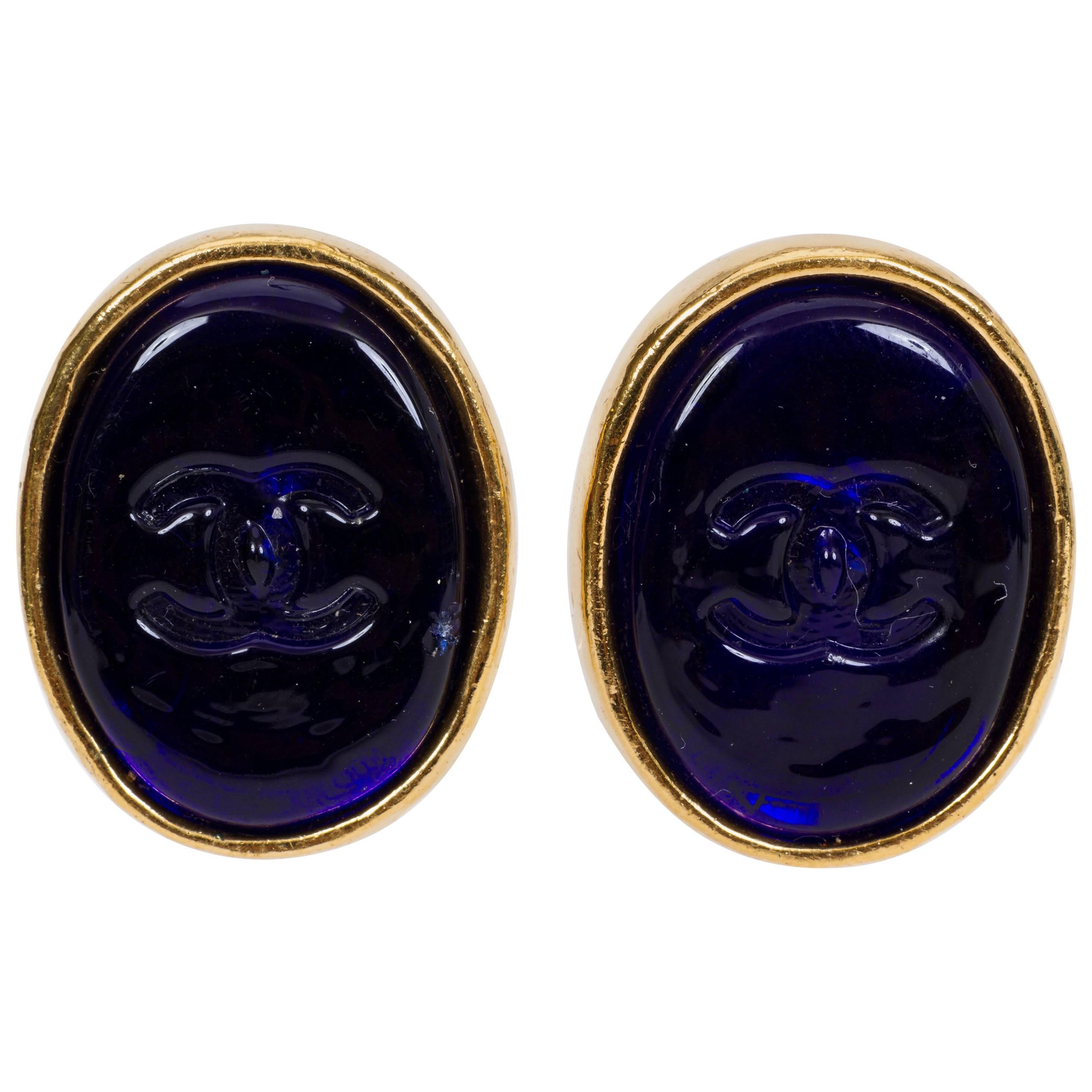 Chanel Blue Gripoix Seal Oval Earrings