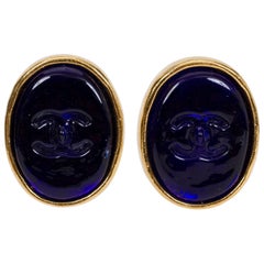 Vintage Chanel Blue Gripoix Seal Oval Earrings