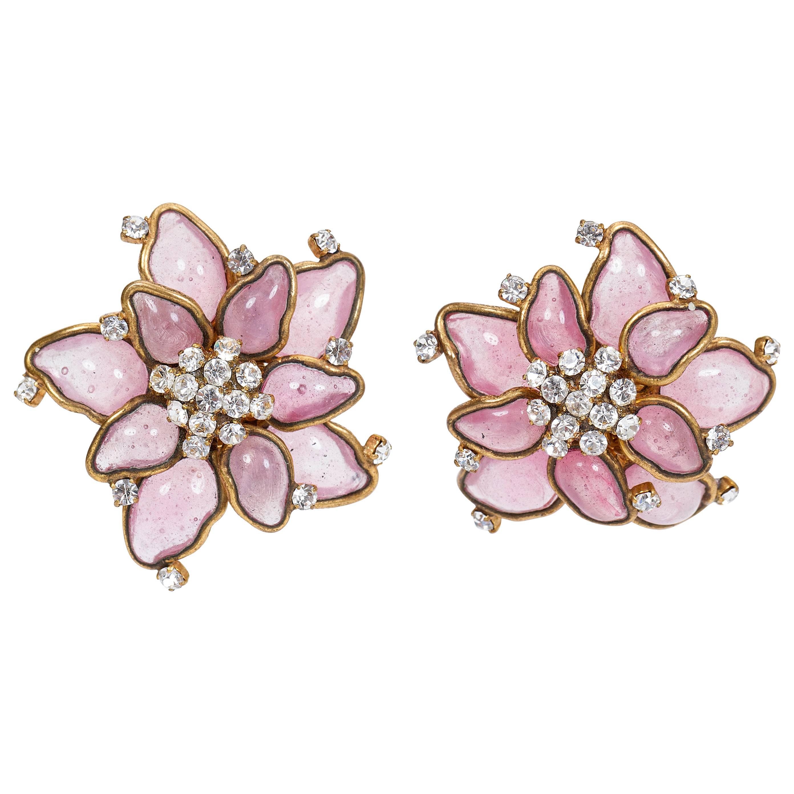 Rare Chanel Rare Pink Gripoix 1970
s Flower Earrings