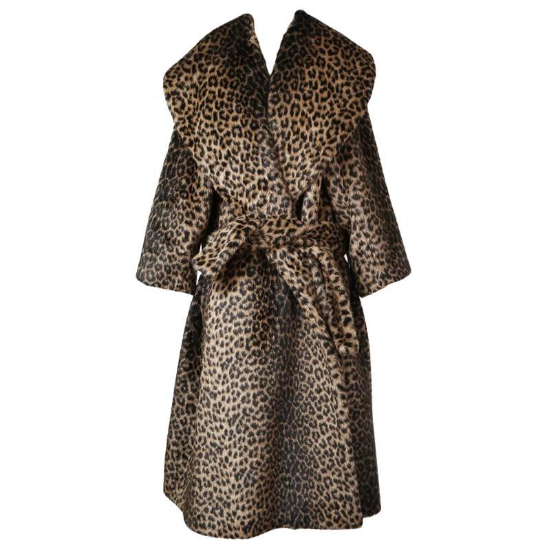 Alaia Faux Leopard Runway Coat with Belt and Oversized Collar circa 1990s
