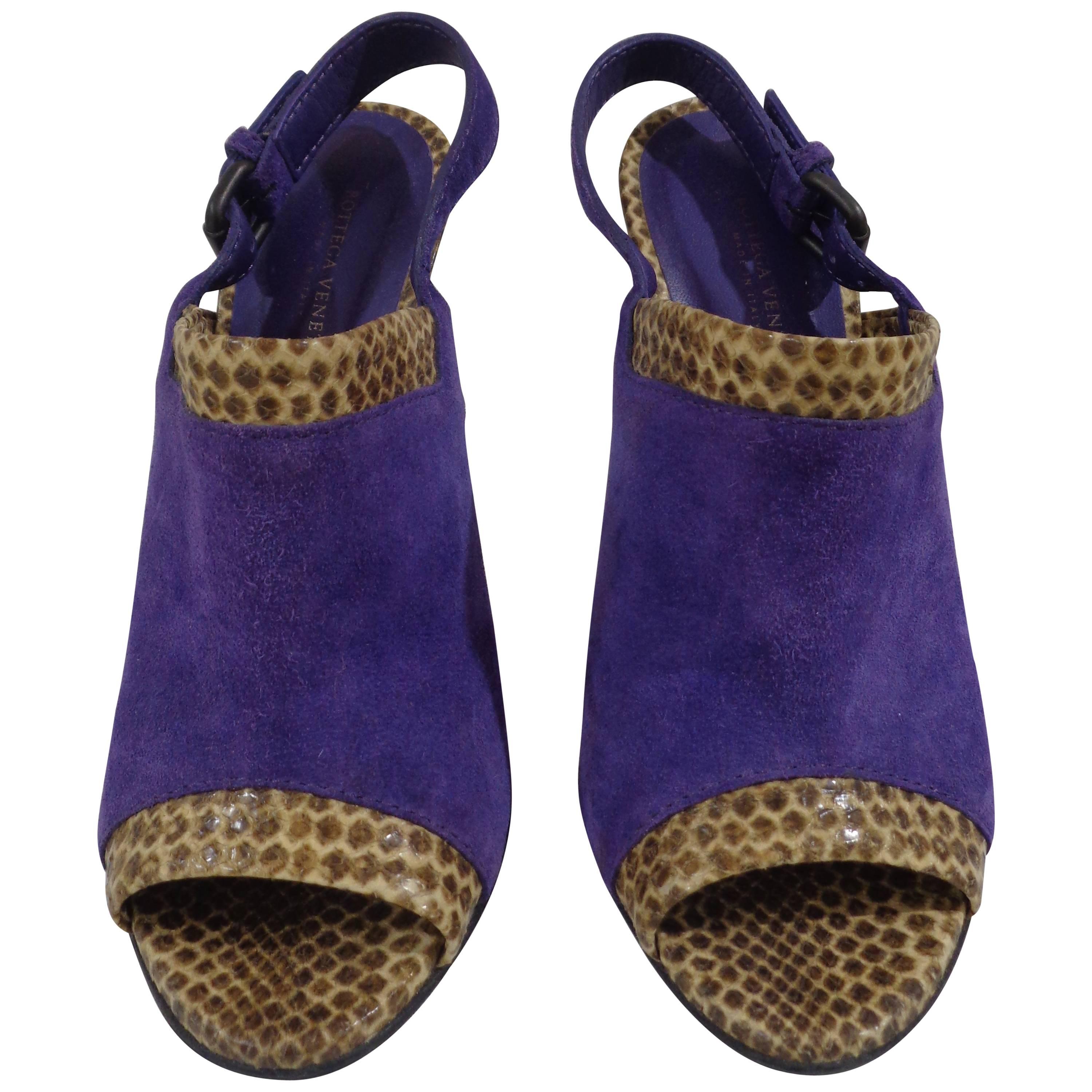 Bottega Veneta python skin purple velvet high heels unworn sandals For Sale