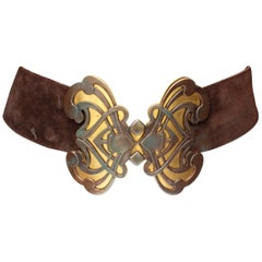 Vintage 1970s Yves Saint Laurent wide brown suede belt with butterfly buckle