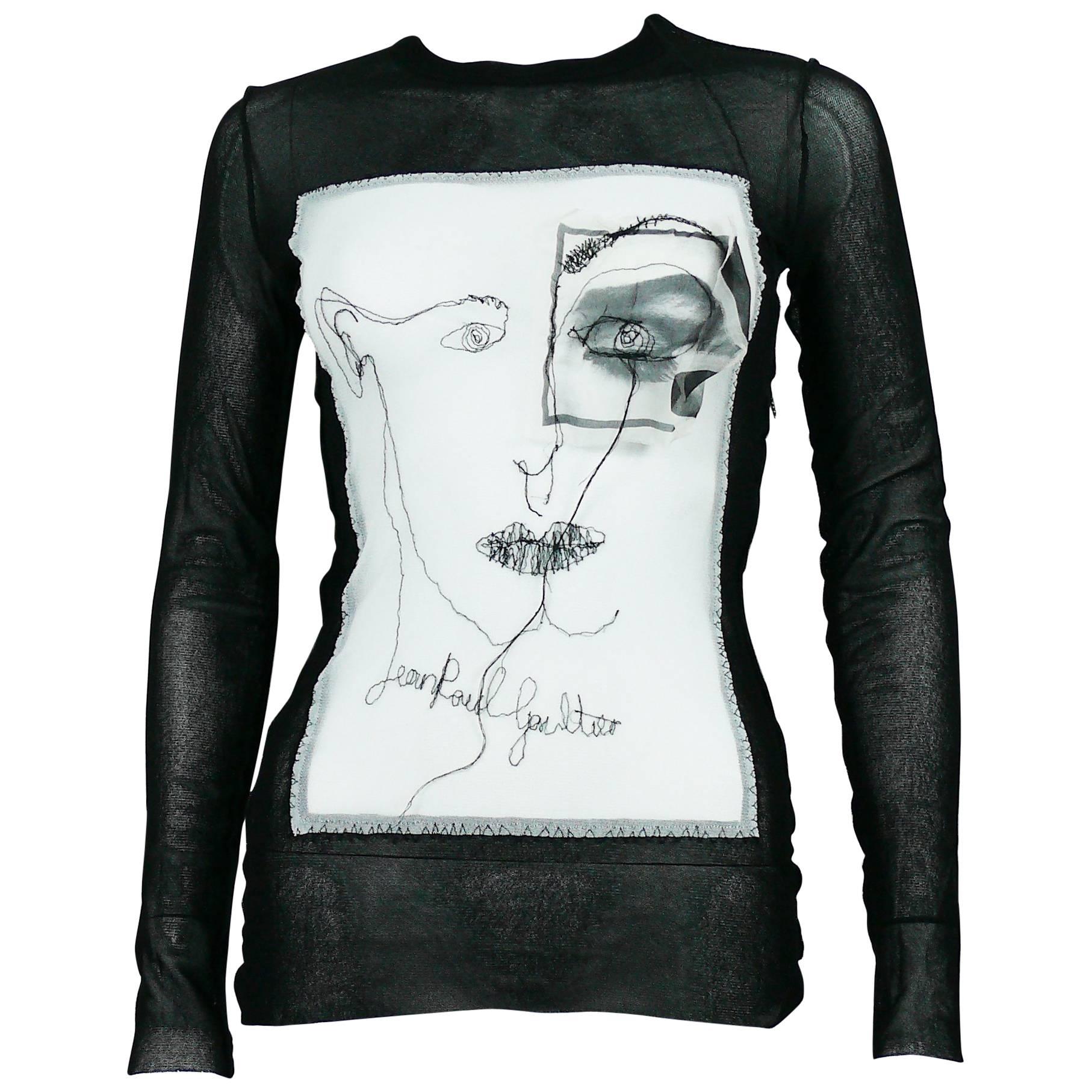 Jean Paul Gaultier Maille Femme Portrait and Eye Applique Mesh Top Size M