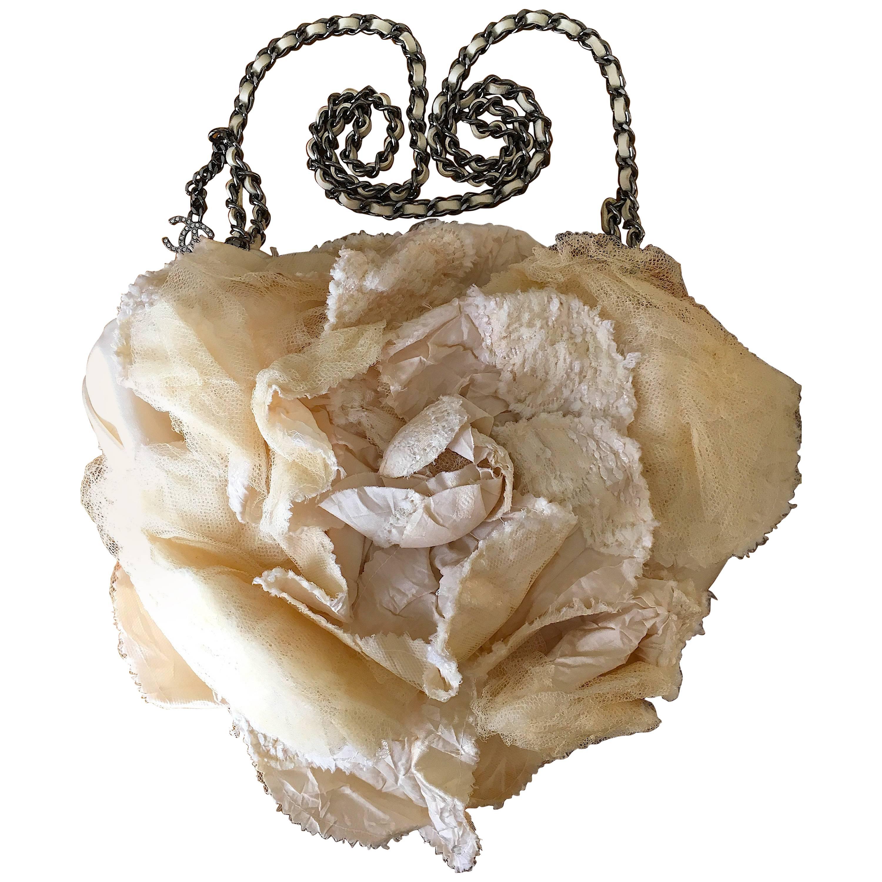 Chanel Vintage Soft "Flou" Ecru Camellia Clutch Bag w Leather Lace Chain Strap For Sale