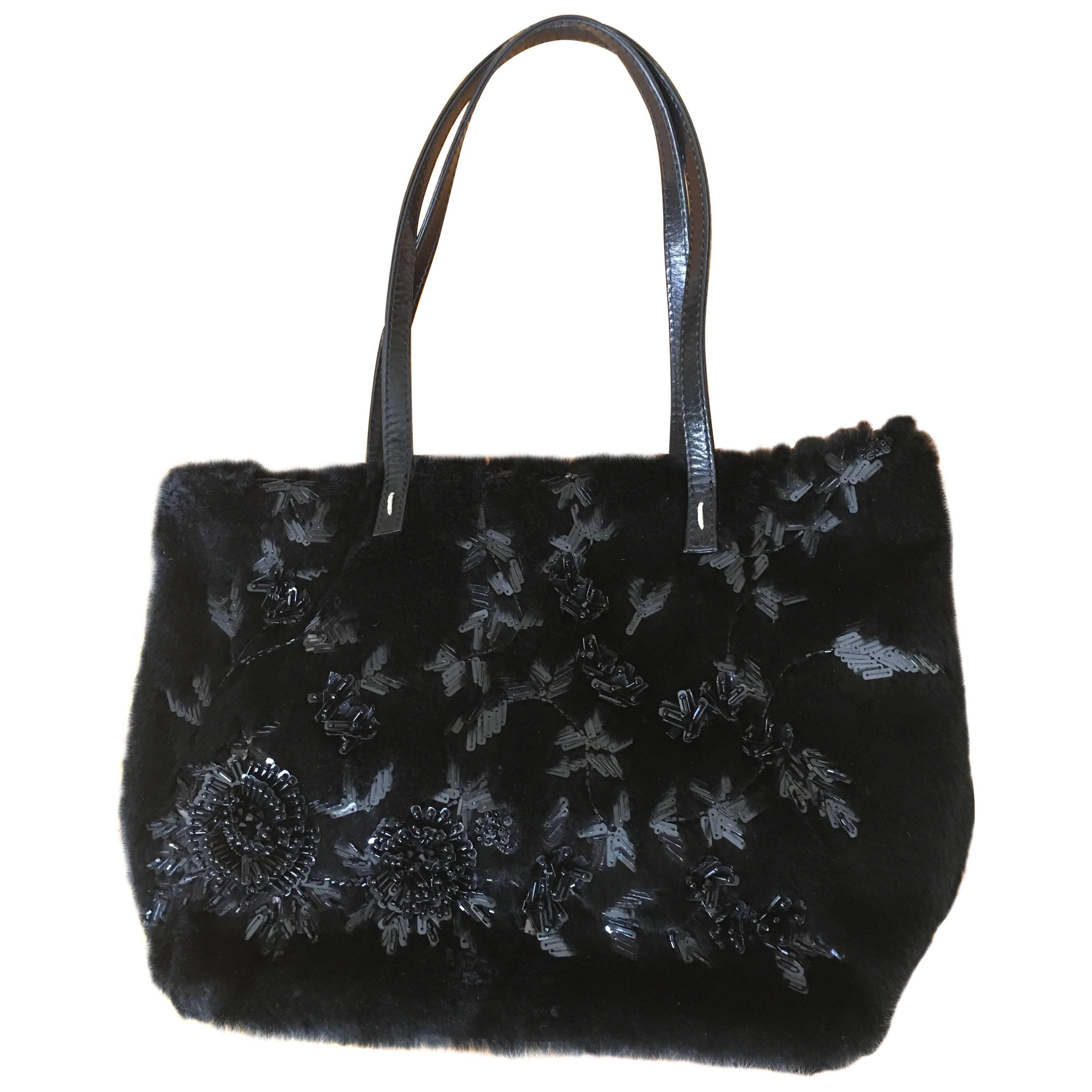 Valentino Garavani Large Sheared Black Mink Embellished Handbag For Sale