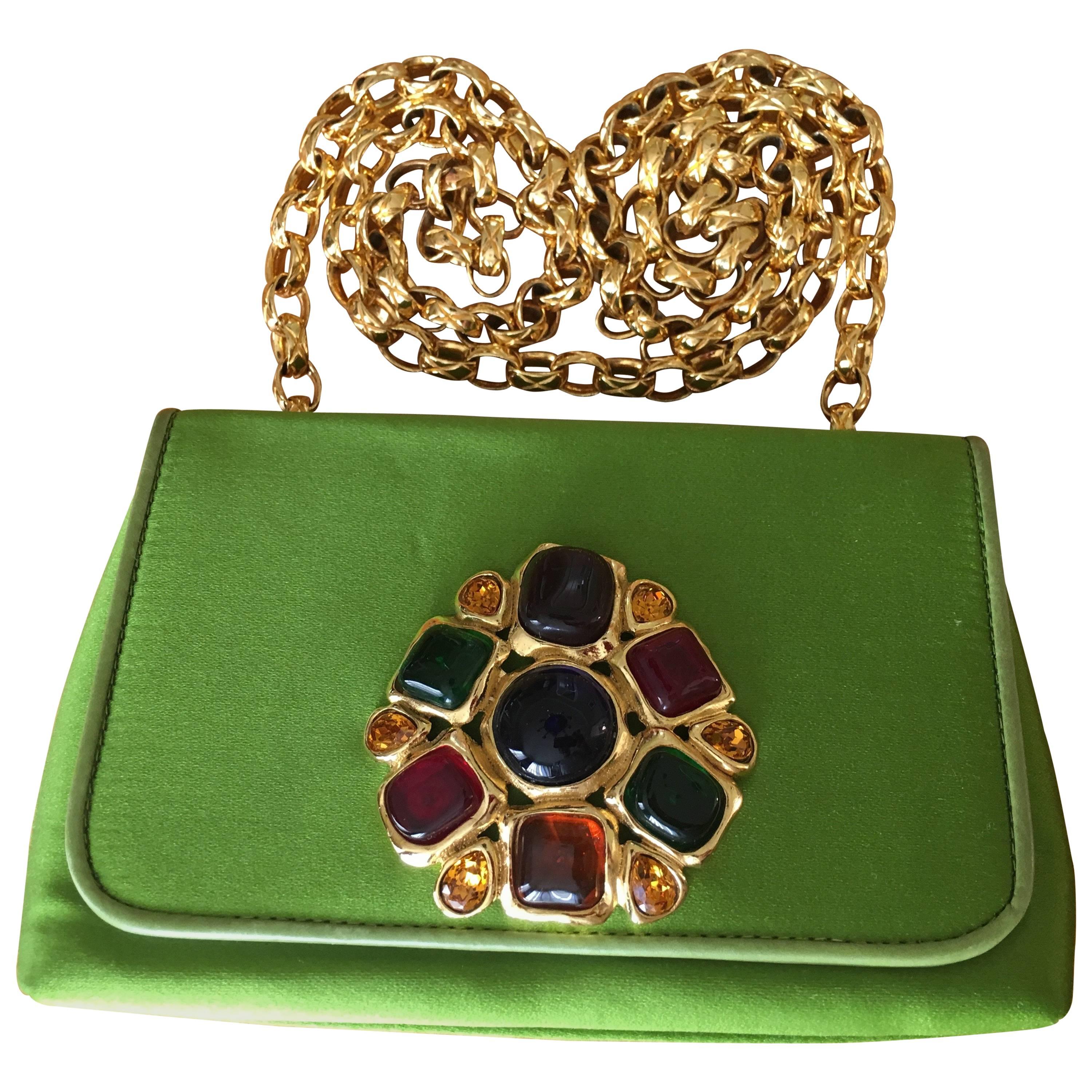 Chanel Green Satin Clutch with Gripoix Ornament and Quilted Chunky Gold Chain