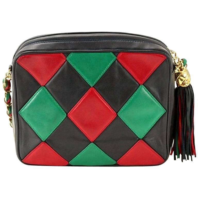 Vintage CHANEL rare red, green and navy diamond patchwork stitch camera bag. For Sale