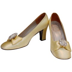 Christian Dior yellow satin jewel pumps