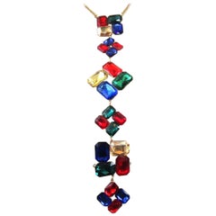 Vintage Fabulous Faux Multi Gem Square Cut Statement Drop Necklace