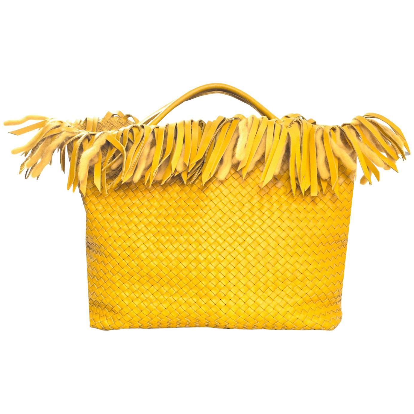 Bottega Veneta Mustard Leather & Wool Limited Ed Intrecciato Tote Bag