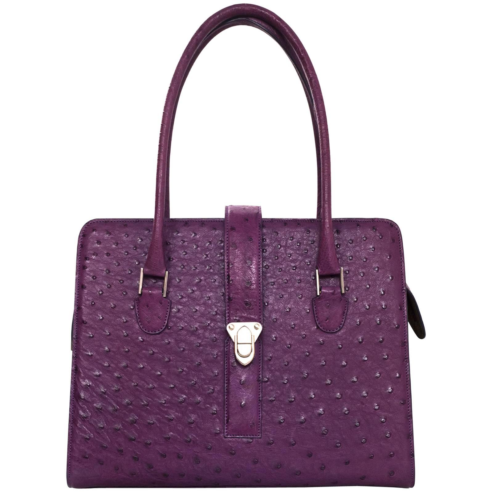 Manolo Blahnik Purple Ostrich Tote Bag with DB