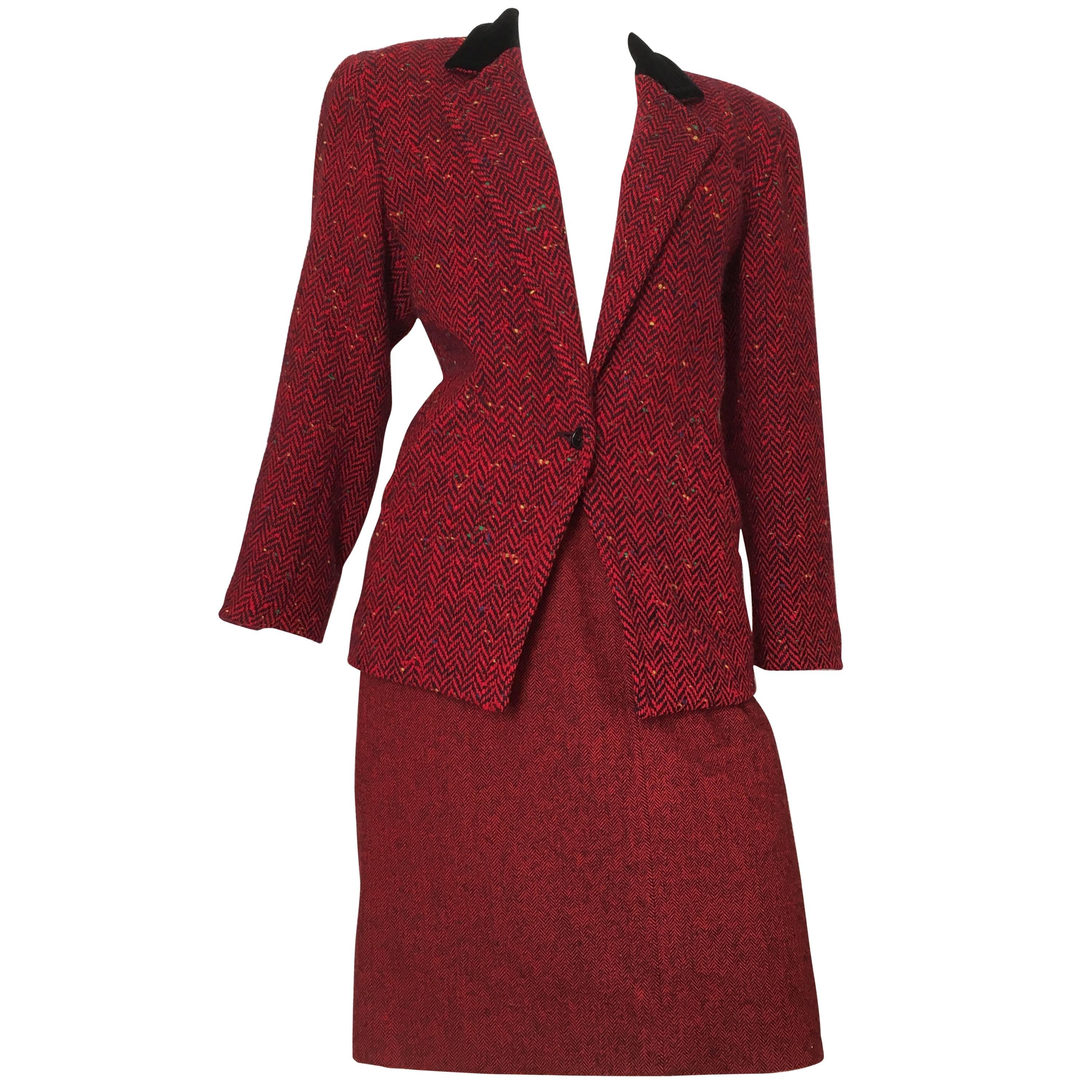 Guy Laroche 1970s Herringbone Red Wool Skirt Suit Size 6.  For Sale