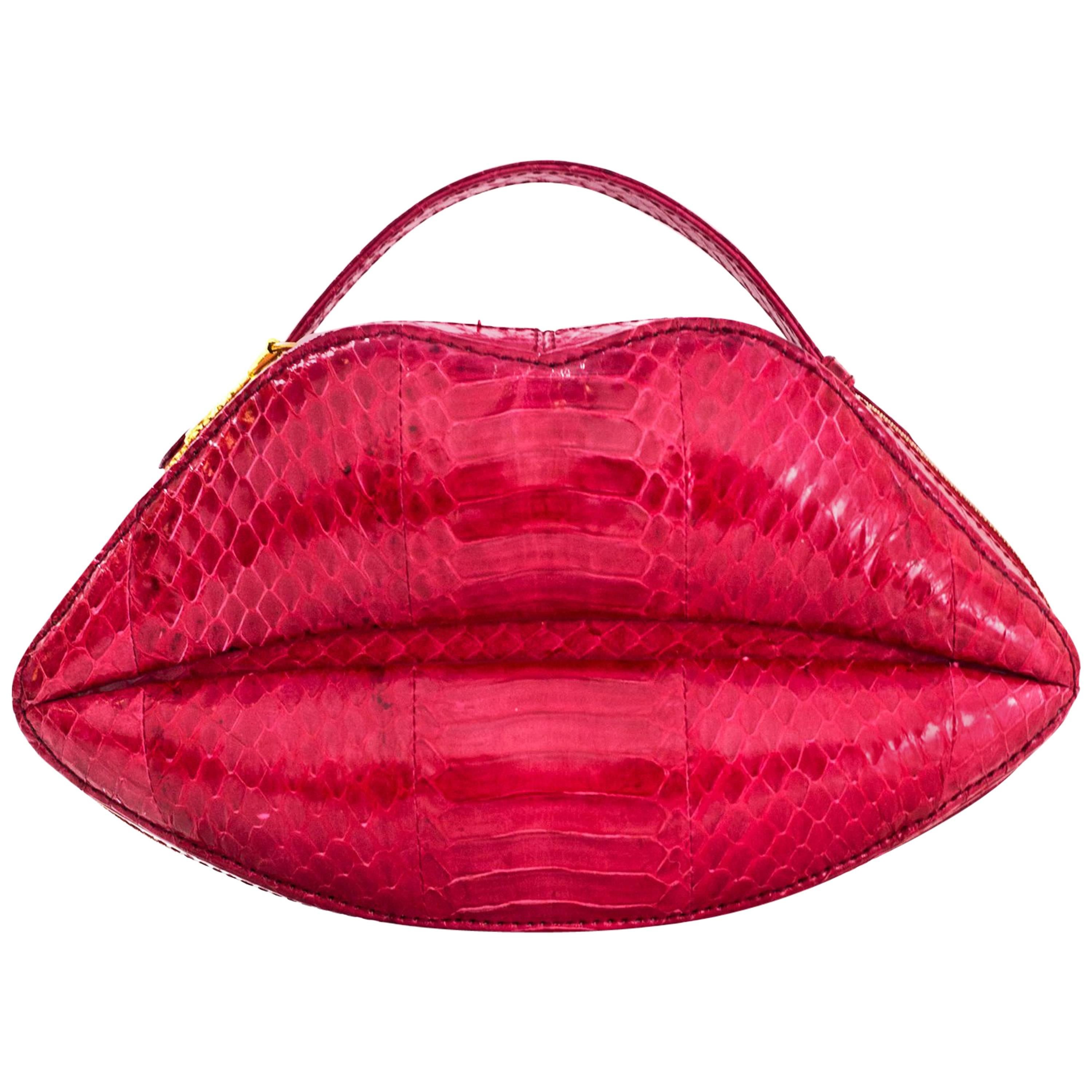 Lulu Guiness Pink Snakeskin Lips Handle Bag