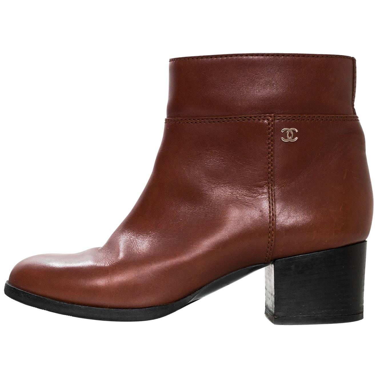 Chanel Brown Leather Ankle Boots Sz 37