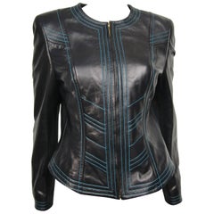 1990s Black Escada Leather Fitted Jacket Blue detailing