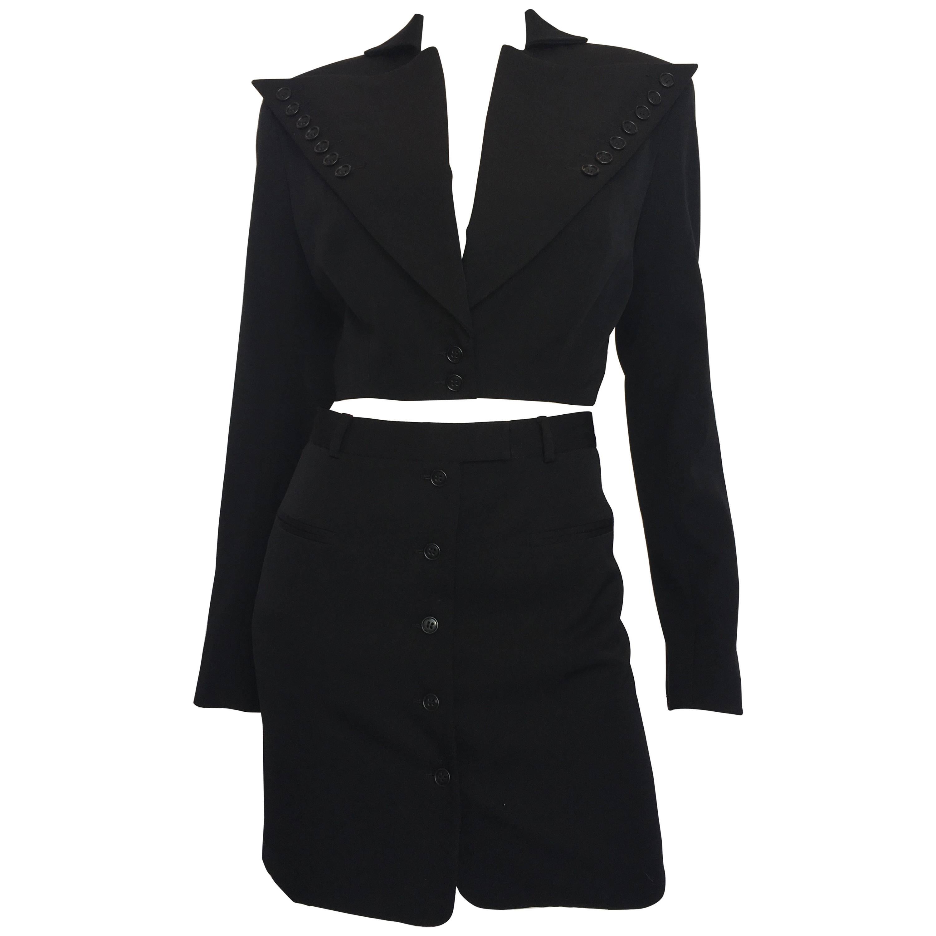 1980s OMO by Norma Kamali Black Wool Mini Skirt Suit with Button Detail