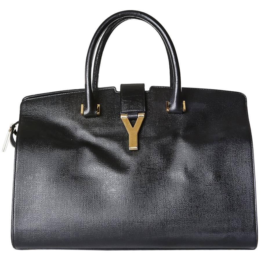 YSL Cabas Leather Tote with Gold Y Hardware