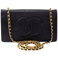 Vintage Chanel Black Caviar Leather Wallet On Long Shoulder Chain