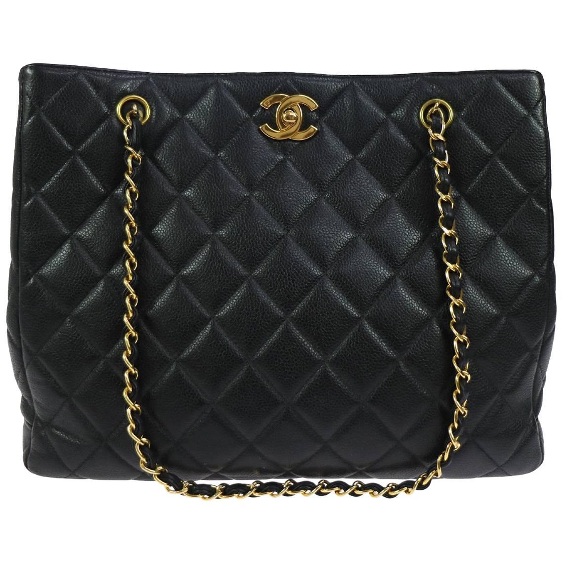 Chanel Black Caviar Leather Gold Hardware Evening Shopper Shoulder Tote Bag