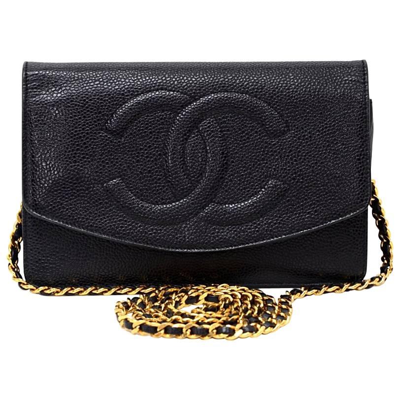 Vintage Chanel Black Caviar Leather Wallet On Long Shoulder Chain