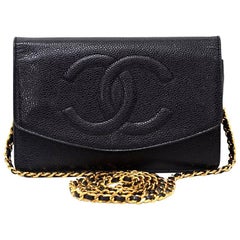 Retro Chanel Black Caviar Leather Wallet On Long Shoulder Chain