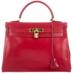 Vintage Hermes Kelly 32 Rouge Red Leather Evening Top Handle Satchel Flap Bag in Box