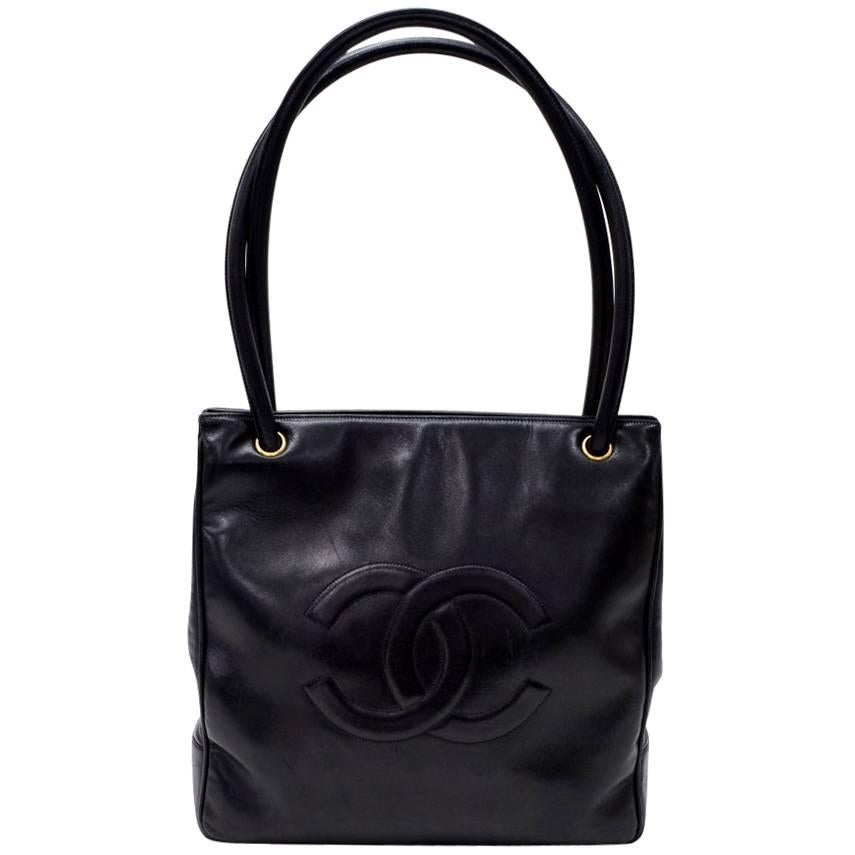 Vintage Chanel 12" Black Leather Large Shoulder Tote Bag For Sale