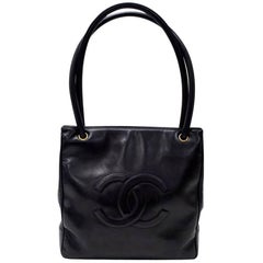 Vintage Chanel 12" Black Leather Large Shoulder Tote Bag