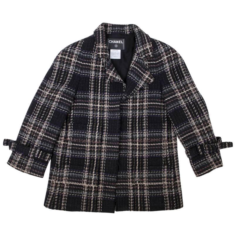 CHANEL Checked Jacket in Black Wool Tweed and Multicolored Checks Size 38EU