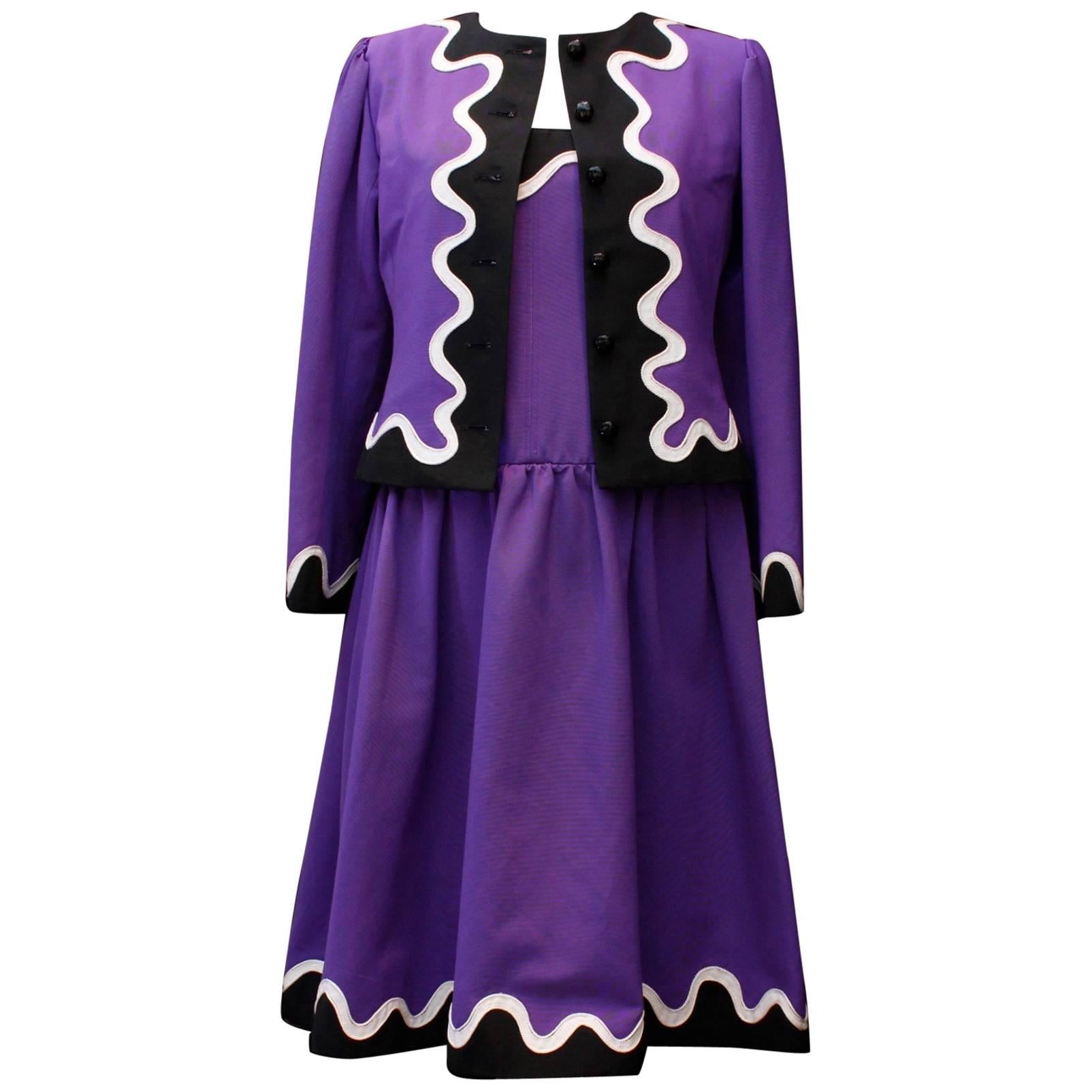 Yves Saint Laurent Rive Gauche dress and jacket set in purple, black and white  For Sale