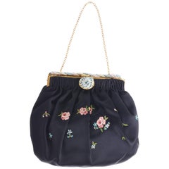 1920s French Black Silk Bag With Floral Embroidery & Hand Beadwork Frame