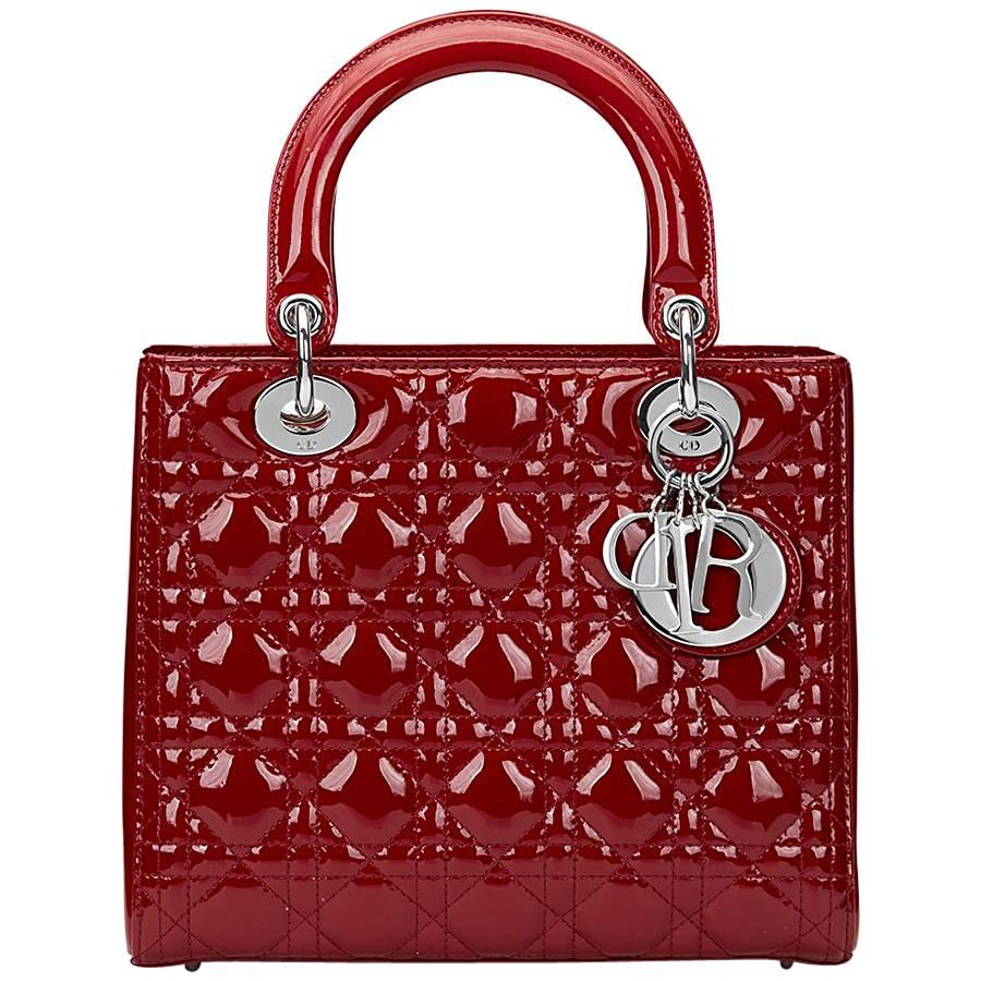 2014 Dior Deep Red Quilted Patent Leather Medium Lady Dior