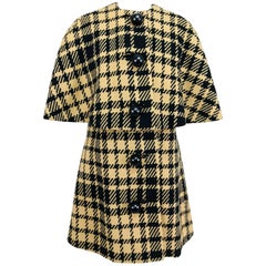 Rudi Gernreich Vintage 1960s mod black and tan wool plaid mini cape tent coat