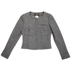 CHANEL Jacket in Gray Wool with Chevron Pattern Size 38FR