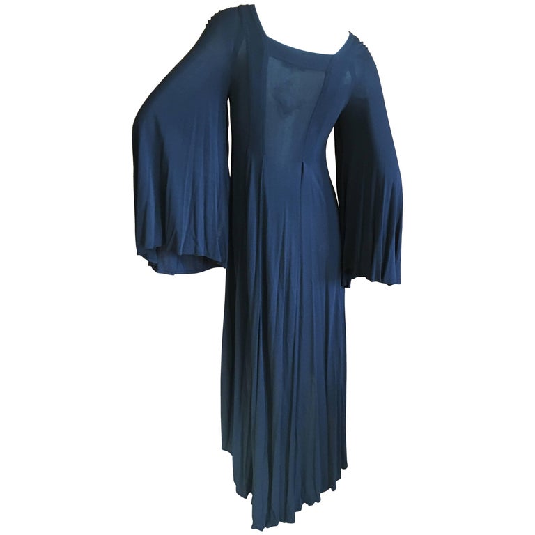 Jean Muir London 1970's Sheer Navy Blue Angel Sleeve Dress with Shawl ...