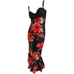 D&G Dolce & Gabbana Vintage Poppy Print Silk Tea Length Dress with Ruffle Hem