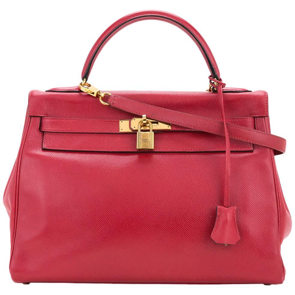Hermes Kelly 32 Rouge Red Leather Evening Top Handle Satchel Flap Bag in Box