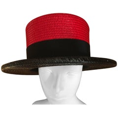 Yves Saint Laurent Rive Gauche 1970's Woven Straw Color Black Boater Hat