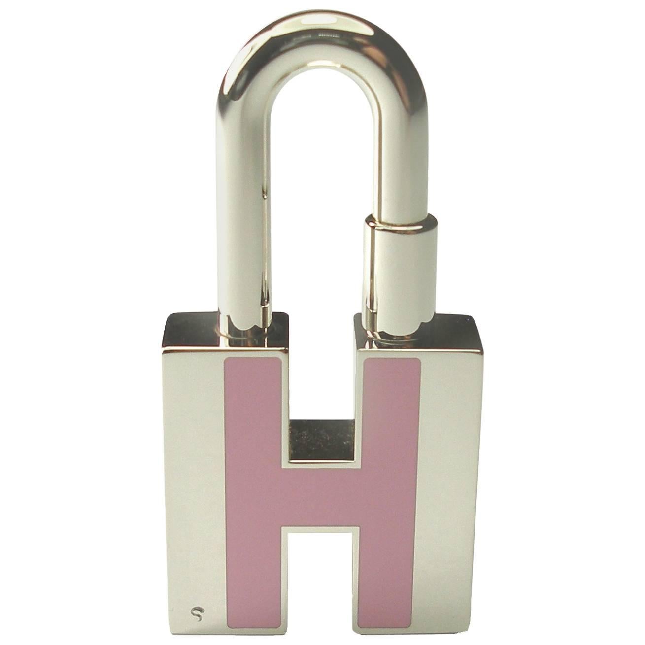 RARE Hermès Pink Enamel and Palladium lock Charm / BRAND NEW
