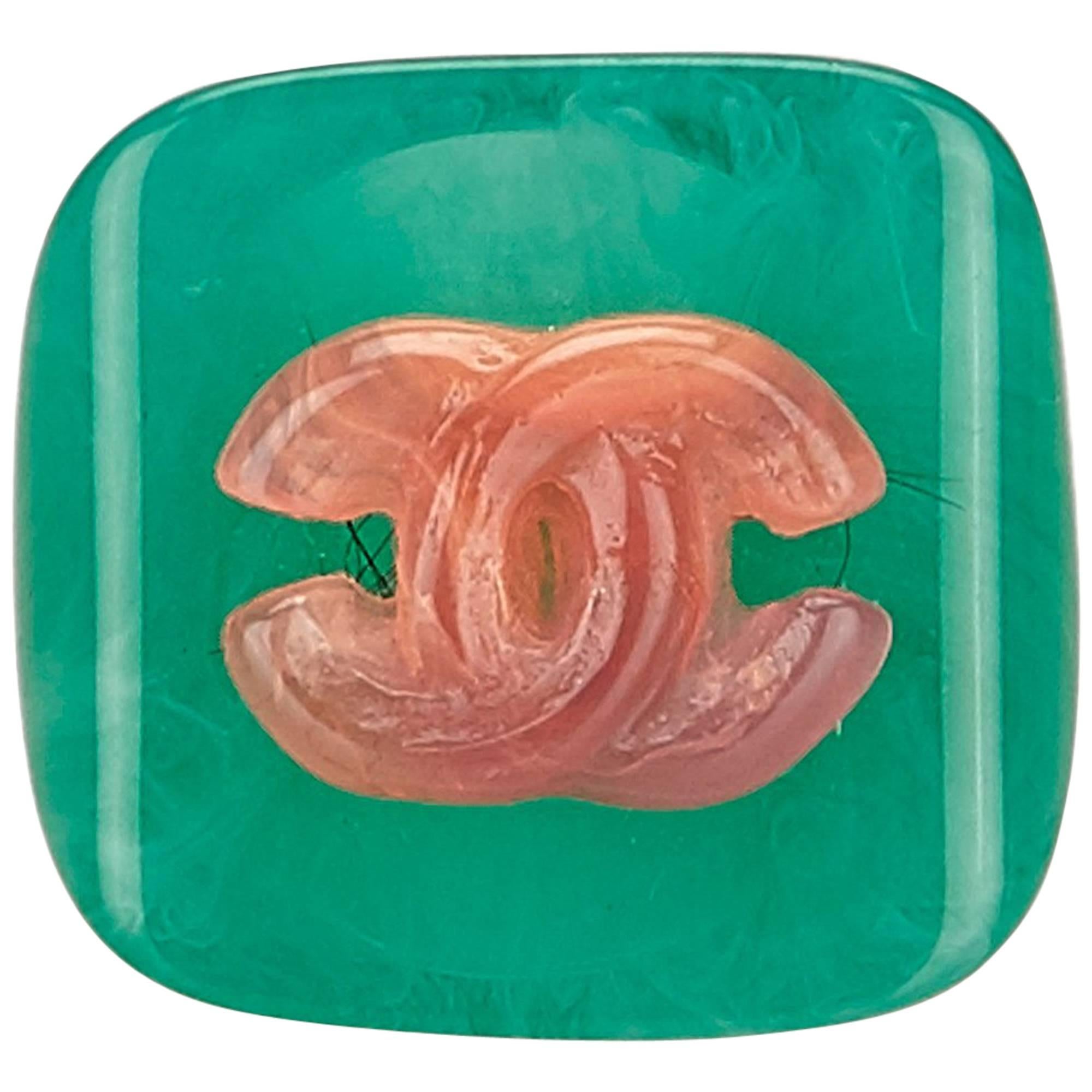 Chanel Green with Pink "CC" Resin Ring 